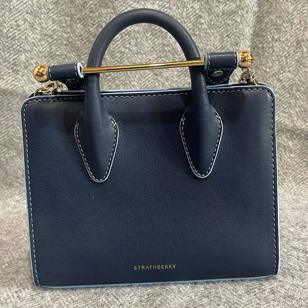 Strathberry Navy Crossbody Bag with Gold Accents